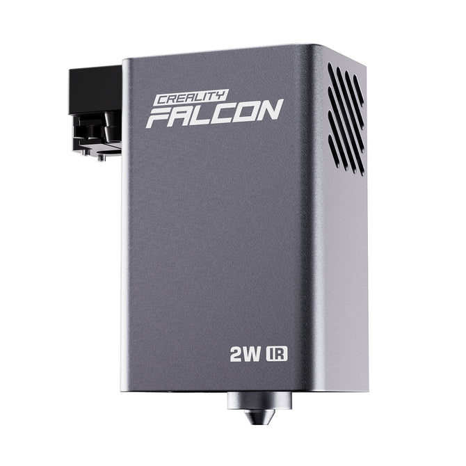 The Creality Falcon 2W Infrared Laser Module is a metallic, rectangular device with ventilation slits and a nozzle or lens at the bottom, labeled “CREALITY FALCON” and “2W IR”, designed for laser engraving or cutting.