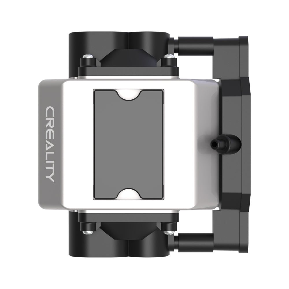 This is a top view of the Creality Falcon Air Assist, an accessory for the CR-Laser Falcon 7.5W and 10W Engravers, featuring a rectangular gray surface and black components. The compact design includes a central nozzle flanked by two black cylindrical structures on either side, ensuring powerful airflow to keep material surfaces clean.