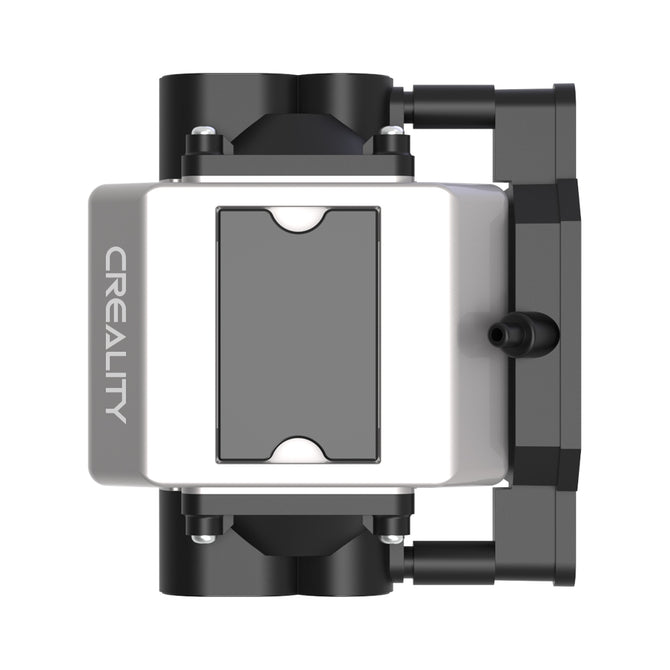 This is a top view of the Creality Falcon Air Assist, an accessory for the CR-Laser Falcon 7.5W and 10W Engravers, featuring a rectangular gray surface and black components. The compact design includes a central nozzle flanked by two black cylindrical structures on either side, ensuring powerful airflow to keep material surfaces clean.