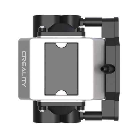 This is a top view of the Creality Falcon Air Assist, an accessory for the CR-Laser Falcon 7.5W and 10W Engravers, featuring a rectangular gray surface and black components. The compact design includes a central nozzle flanked by two black cylindrical structures on either side, ensuring powerful airflow to keep material surfaces clean.