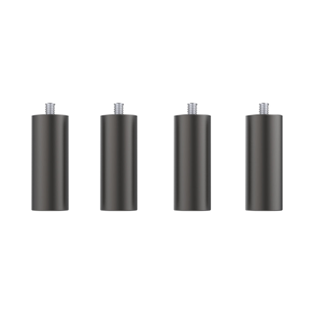 Four identical cylindrical metal legs with threaded tops, arranged evenly in a row against a white background, exhibit precision similar to the Risers for Falcon2 & Falcon2 Pro Series by Creality Falcon.