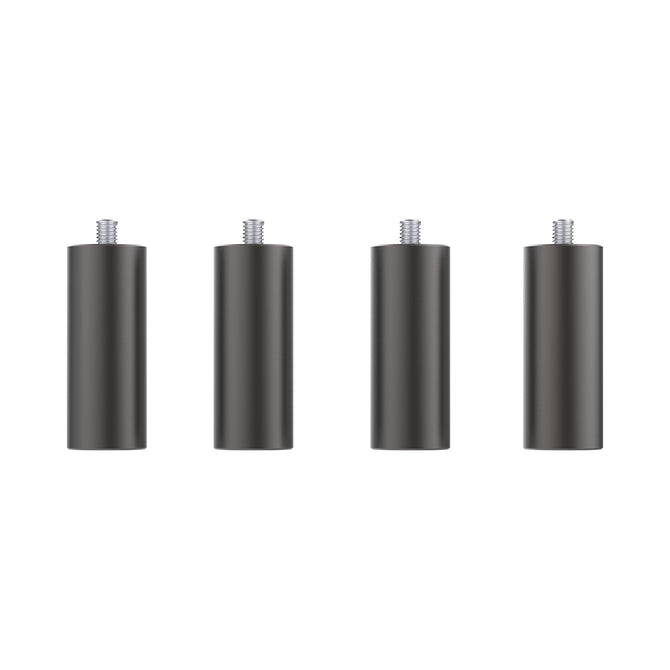 Four identical cylindrical metal legs with threaded tops, arranged evenly in a row against a white background, exhibit precision similar to the Risers for Falcon2 & Falcon2 Pro Series by Creality Falcon.