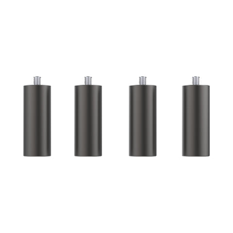 Four identical cylindrical metal legs with threaded tops, arranged evenly in a row against a white background, exhibit precision similar to the Risers for Falcon2 & Falcon2 Pro Series by Creality Falcon.