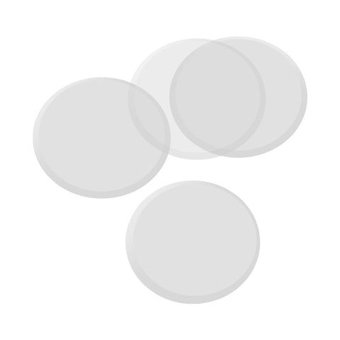 A series of four transparent, overlapping circles elegantly intertwines on a pristine white background, reminiscent of the innovative design philosophy behind Creality Falcon's Falcon2 Replace Protective Lens.