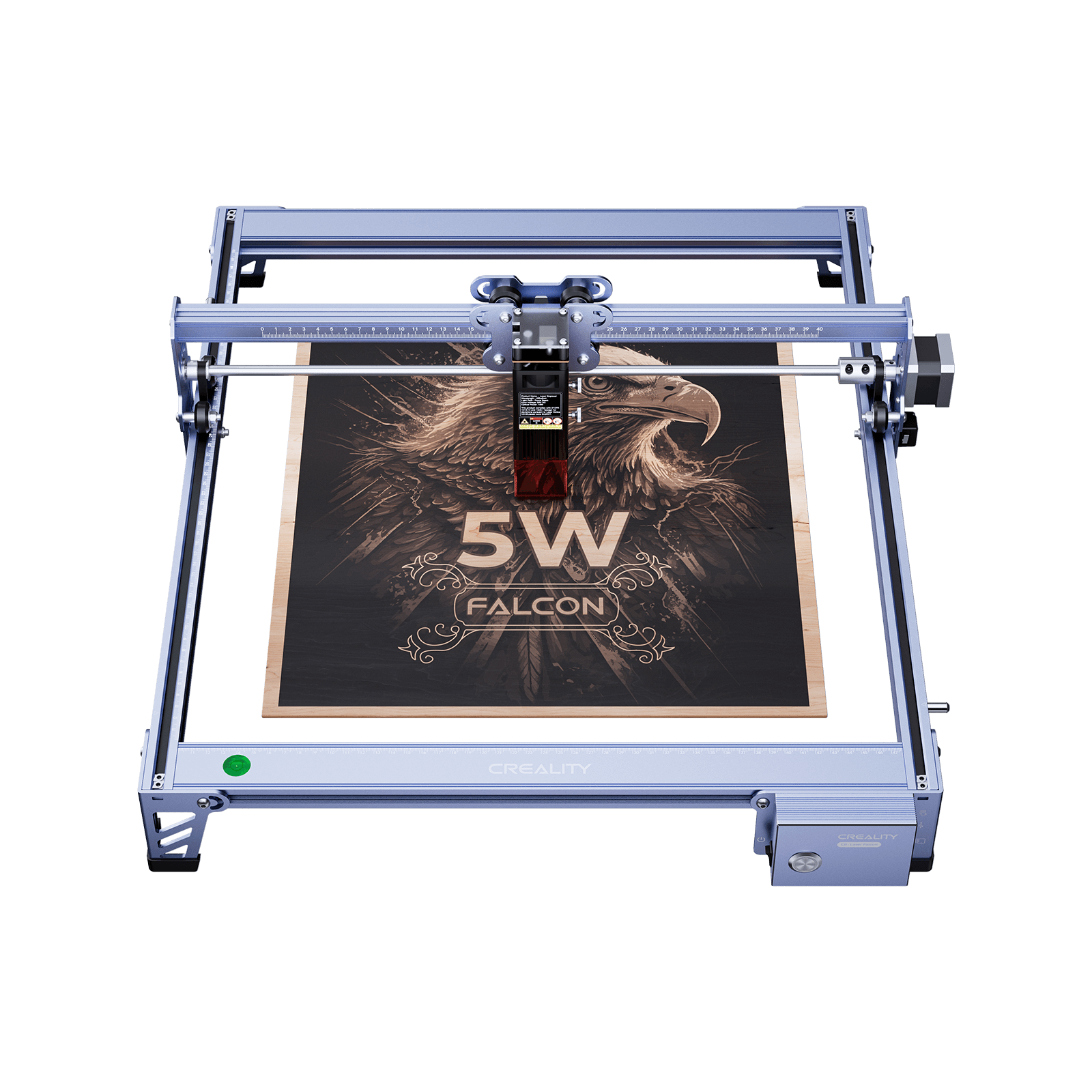 The Creality Falcon 5W CR-Laser Falcon Engraver and Cutter is shown engraving an eagle and "5W FALCON" on a wooden board, demonstrating its sturdy build, large-scale engravings, and ultra-fine precision.