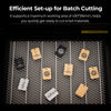 Wood and metal tags with different logos are arranged on the 460*346mm Honeycomb Workbench for Creality Falcon A1 by CrealityFalcon. The text above highlights efficient set-up and describes the spacious working area.