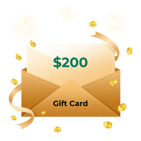 A CrealityFalcon Gift Card worth $200 peeks out from a brown envelope labeled "Gift Card." White flowers, golden coins, and ribbons surround it, enhancing the festive mood.