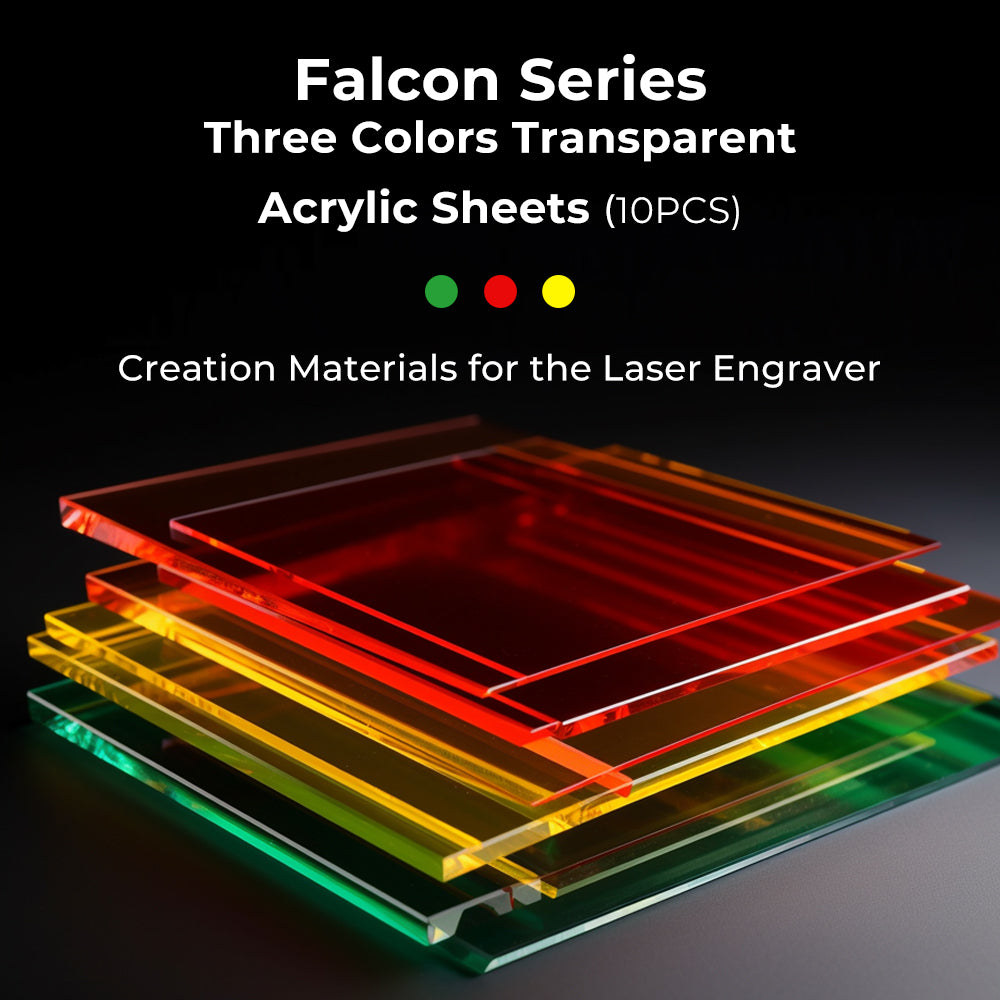 A vibrant selection of red, yellow, and green transparent acrylic sheets from the Creality Falcon brand: "Bundle Walnut Plywood and Colorful Acrylic Sheets 12*12'' for Laser Engraving and Cutting Mega Pack - 36pcs".
