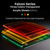 A vibrant selection of red, yellow, and green transparent acrylic sheets from the Creality Falcon brand: "Bundle Walnut Plywood and Colorful Acrylic Sheets 12*12'' for Laser Engraving and Cutting Mega Pack - 36pcs".