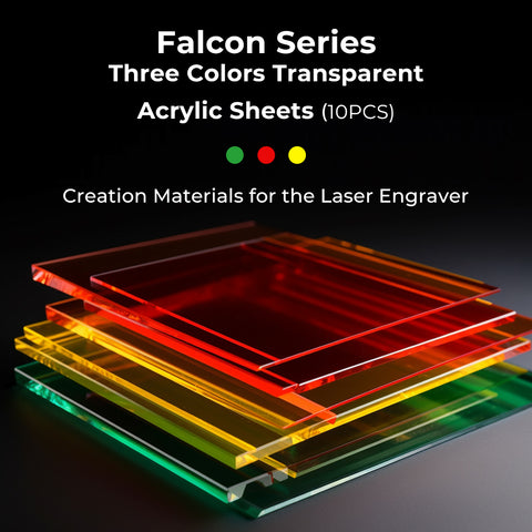 A vibrant selection of red, yellow, and green transparent acrylic sheets from the Creality Falcon brand: "Bundle Walnut Plywood and Colorful Acrylic Sheets 12*12'' for Laser Engraving and Cutting Mega Pack - 36pcs".