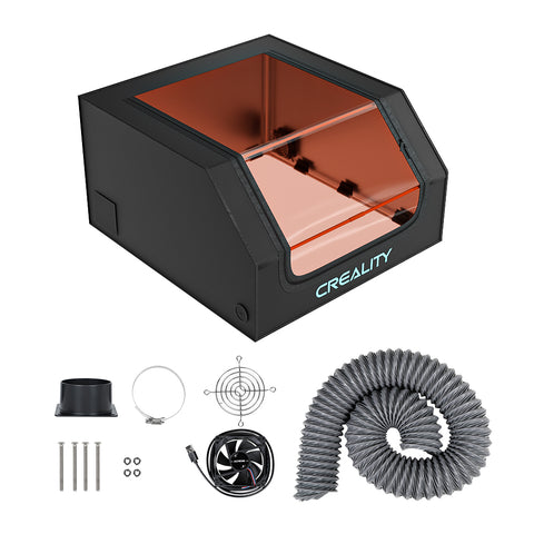 Image of a Creality Falcon laser engraver enclosure with a tinted orange top and black sides, featuring the Falcon Protective Cover. Below are ventilation accessories for smoke expulsion, including screws, a fan, mounting components, and a flexible hose. The brand name "Creality Falcon" graces the enclosure.