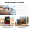 Three images showcase the Creality Falcon CR 5W Diode Laser Engraver’s safety features: an automatic stop function, a red-light eye-protective cover, and a secure enclosure for large-scale engraving.