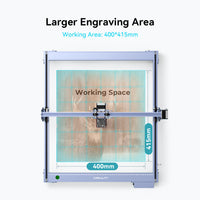 The Creality Falcon CR 5W Diode Laser Engraver features a spacious 400mm × 415mm engraving area and ultra-fine precision, shown etching a deer onto wood. Text highlights: "Larger Engraving Area" and "Ultra-Fine Engraving Precision.