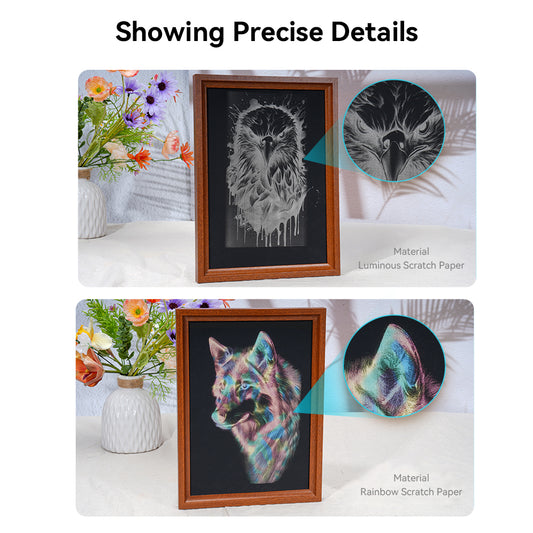 Two framed animal scratch art portraits—an owl on luminous paper and a colorful wolf on rainbow paper—created using the Creality Falcon CR 5W Diode Laser Engraver. Insets highlight the ultra-fine engraving detail and material quality.