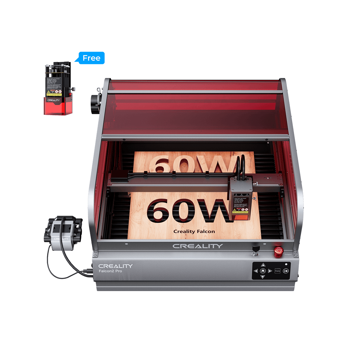 The Creality Falcon Falcon2 Pro 40W and 22W Enclosed Laser Engraver and Cutter features Class 1 safety, a red protective cover, control panel, and a “Free” extra component—ideal for creative laser engraving.