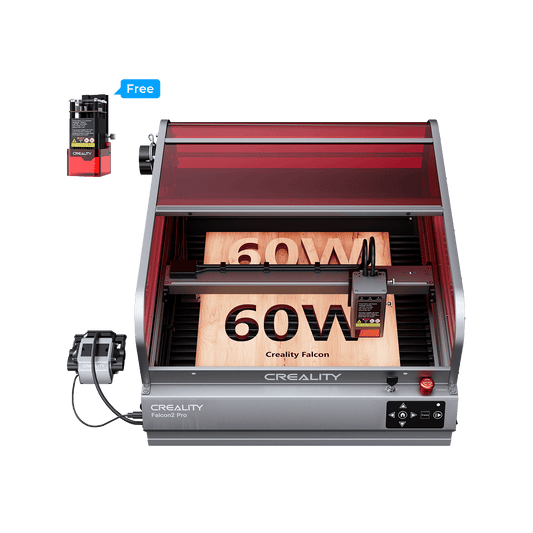 The Creality Falcon Falcon2 Pro 40W and 22W Enclosed Laser Engraver and Cutter features Class 1 safety, a red protective cover, control panel, and a “Free” extra component—ideal for creative laser engraving.