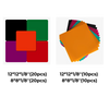 On the left, five overlapping colored squares; on the right, a stack of Creality Falcon Eclectic Colorful Acrylic Supplies for Laser Engraver (Mega Pack 60pcs) with a glossy orange sheet on top.