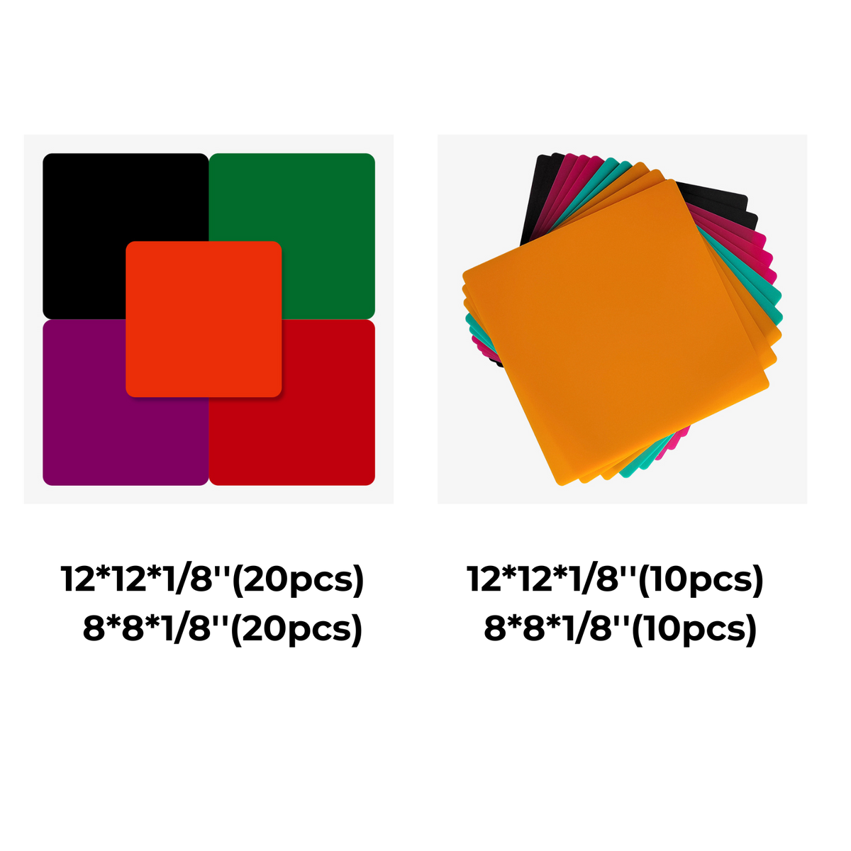 On the left, five overlapping colored squares; on the right, a stack of Creality Falcon Eclectic Colorful Acrylic Supplies for Laser Engraver (Mega Pack 60pcs) with a glossy orange sheet on top.