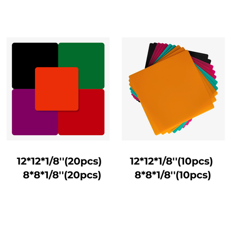 On the left, five overlapping colored squares; on the right, a stack of Creality Falcon Eclectic Colorful Acrylic Supplies for Laser Engraver (Mega Pack 60pcs) with a glossy orange sheet on top.