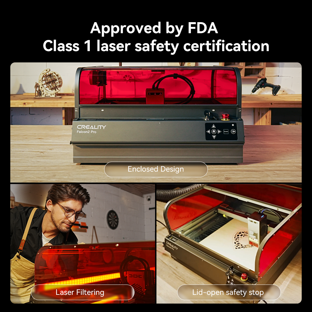 This image showcases the Creality Falcon Falcon2 Pro 60W, an enclosed laser cutter and engraver with red protective glass. It is FDA-approved with Class 1 laser safety certification, featuring adjustable cutting power, a lid-open stop for safety, laser engraving capabilities, and a built-in camera for precision.