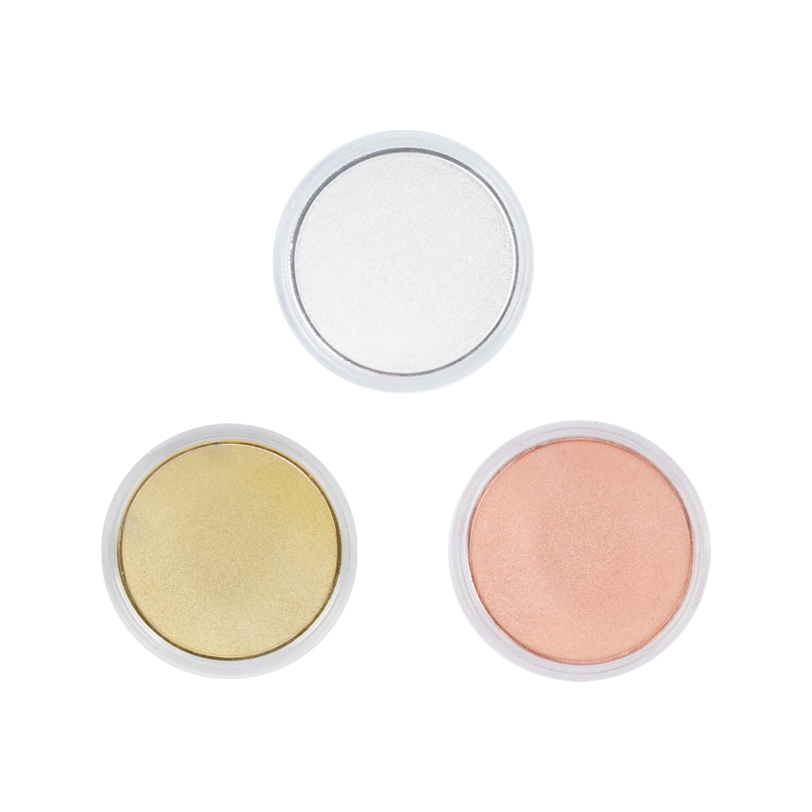 Six Creality Falcon 3-Color Blank Commemorative Coins for Laser Engraver in silver, gold, and rose gold are arranged in a triangle shape on a white background.