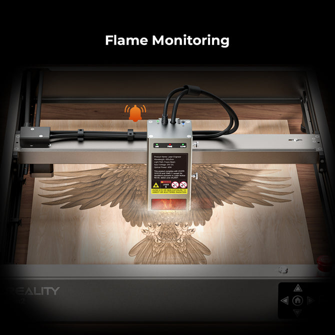 The Creality Falcon Laser Module 40W for Falcon2 swiftly etches a detailed eagle image onto wood. Above, text reads "Flame Monitoring" with an orange hand icon, highlighting its ultra-fast engraving capabilities.