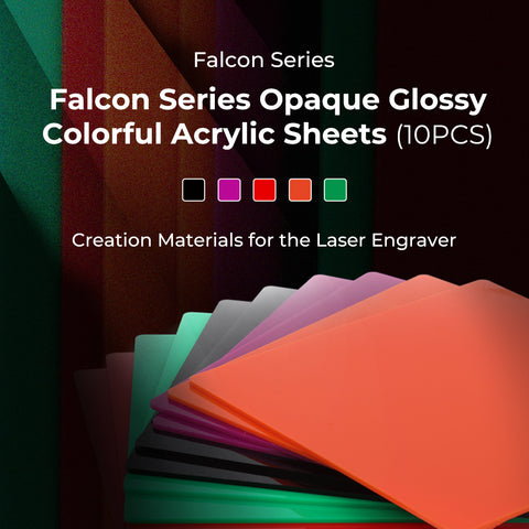 A set of vibrant, opaque acrylic sheets in shades of pink, orange, purple, red, blue, and green is arranged against a dark background. Text reads: "Creality Falcon Bundle Walnut Plywood and Colorful Acrylic Sheets 12*12'' - 36pcs" – a display as elegant as walnut plywood sheets.