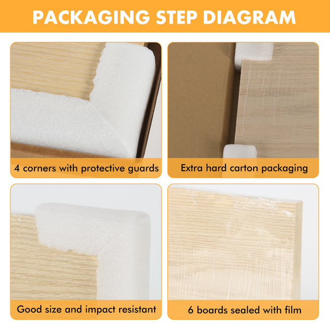 The packaging step diagram for Creality Falcon's Basswood Plywood Sheets A4 includes close-up images of laser-engraved foam corner protectors, a sealed hard carton, foam-protected corners and edges, and six film-sealed wooden basswood boards.