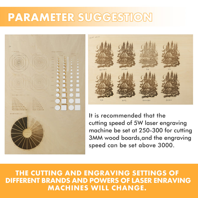 A Creality Falcon chart for Basswood Plywood Sheets shows laser settings: left has test circles and measurements; right displays forest designs with speed labels. Text suggests using a 5W laser at 250-300 for cutting and above 3000 for engraving this eco-friendly material.