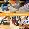 A collage showcases woodworking tools and techniques. The top row features an electrical jigsaw, hand saw, laser cutting; the bottom row displays a table saw, tools, and eco-friendly Creality Falcon Basswood Plywood Sheets for laser engraving. Bold text says "DIY TOOLS for different plywoods" with steps 1-3.