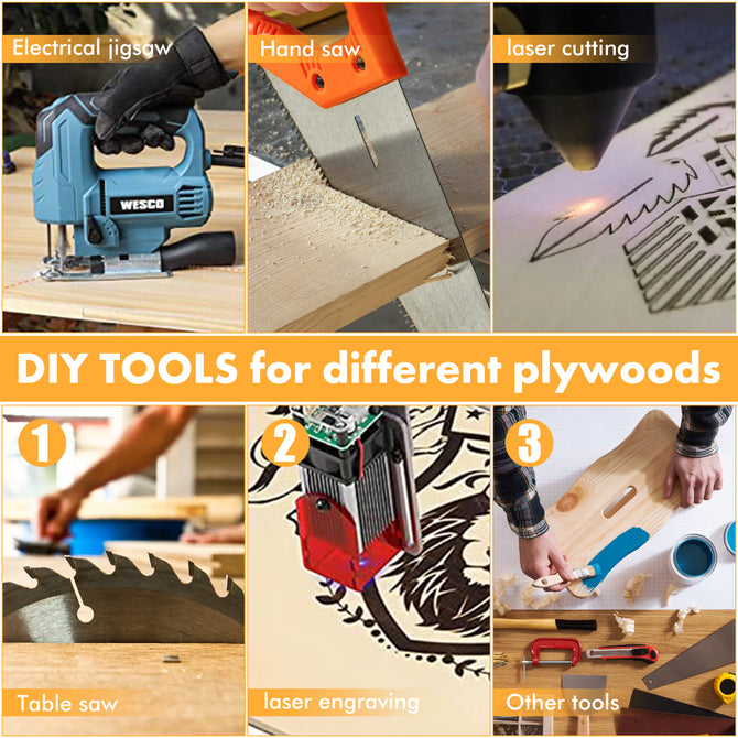 A collage showcases woodworking tools and techniques. The top row features an electrical jigsaw, hand saw, laser cutting; the bottom row displays a table saw, tools, and eco-friendly Creality Falcon Basswood Plywood Sheets for laser engraving. Bold text says "DIY TOOLS for different plywoods" with steps 1-3.