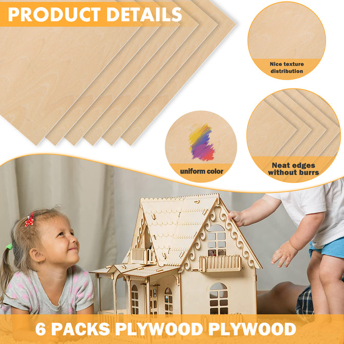Images show children playing with a wooden dollhouse next to Creality Falcon Basswood Plywood Sheets, which are featured with "PRODUCT DETAILS," highlighting "Nice texture distribution," "Uniform color," and "Neat edges without burrs." This eco-friendly material is perfect for laser engraving, offered in a pack of six.