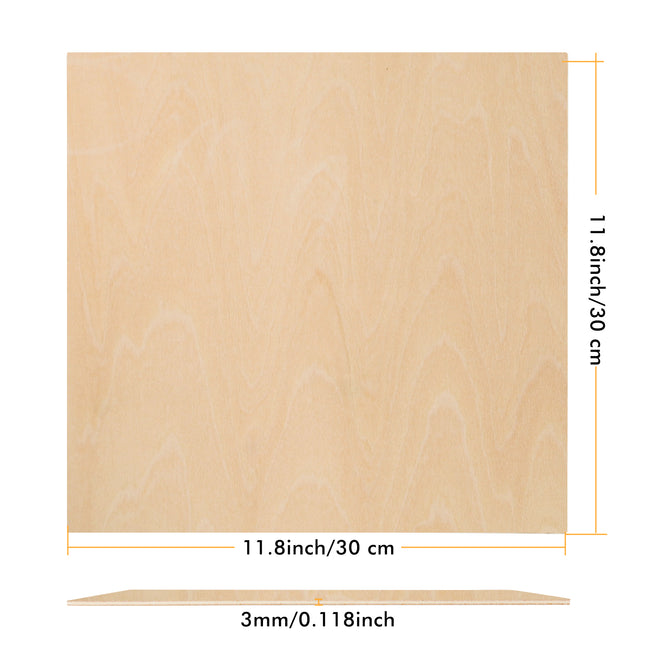 The Creality Falcon Basswood Plywood Sheet, crafted from eco-friendly materials, measures 8.27" x 11.69" (21 cm x 30 cm) and is 1/8" (3 mm) thick, making it ideal for intricate laser engraving projects with measurements in inches and centimeters.