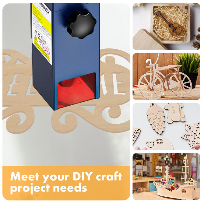 Collage includes Creality Falcon laser-engraving on Basswood Plywood Sheets (A4, 1/8"), mini violin, wooden bicycle model, keychain, various wooden shapes, and handcrafted boat. Text reads "Meet your DIY craft project needs with eco-friendly materials.