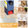 A collage of DIY wooden crafts, featuring a bicycle, sailboat, and tiny violin. A blue Creality Falcon laser engraver precisely creates intricate designs on eco-friendly Rubberwood Spliced Plywood (1/8" x 11.8" x 11.8"). Perfect for your creative projects with sustainability in mind.