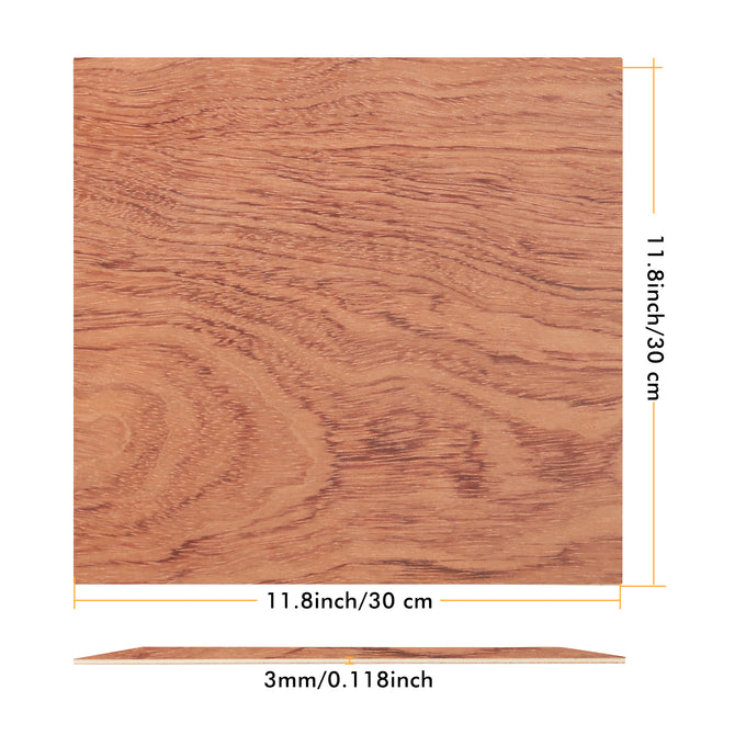 A Bubinga Brazilian Rosewood Plywood sheet from Creality Falcon, measuring 11.8 inches by 11.8 inches with a thickness of 3 mm, features a beautiful natural grain pattern and is made from eco-friendly materials. This panel is ideal for laser engraving, providing marked dimensions and measurements for accuracy.