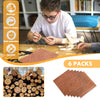 A boy with glasses is working on assembling a wooden model airplane at a table. The image emphasizes the "Easy to shape" and "Durable" qualities of Creality Falcon's Bubinga Brazilian Rosewood Plywood Sheets. Known for its eco-friendly material, the photo also displays stacks of wood logs and six sheets labeled "6pcs," ideal for laser engraving.