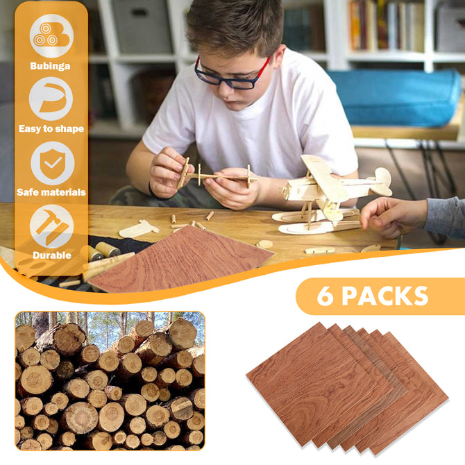 A boy with glasses is working on assembling a wooden model airplane at a table. The image emphasizes the "Easy to shape" and "Durable" qualities of Creality Falcon's Bubinga Brazilian Rosewood Plywood Sheets. Known for its eco-friendly material, the photo also displays stacks of wood logs and six sheets labeled "6pcs," ideal for laser engraving.