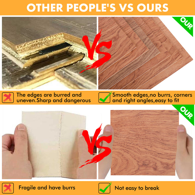 Comparison image of wood textures: Top - "Other People's" with jagged edges vs. "Ours," made from Creality Falcon's Bubinga Brazilian Rosewood Plywood Sheets, featuring smooth edges. Bottom - "Other People's" fragile wood vs. "Ours" showcasing durability—marked with check and cross symbols.