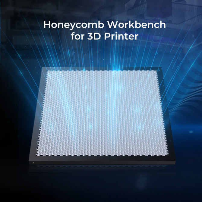 The CrealityFalcon 235x235 Honeycomb Workbench is shown with blue lighting, featuring its name above. Its square honeycomb design improves heat dissipation and protects your 3D printer.