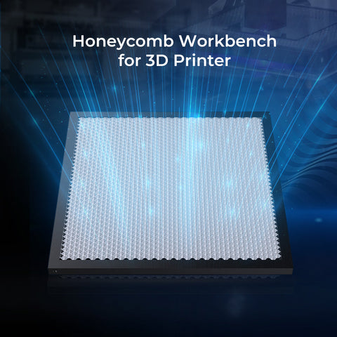 The 235x235 Honeycomb Workbench for Falcon A1 by CrealityFalcon features a glowing design with blue light emanating from its edges, highlighting the honeycomb structure. Ideal for laser engraving tasks with optimized heat dissipation.