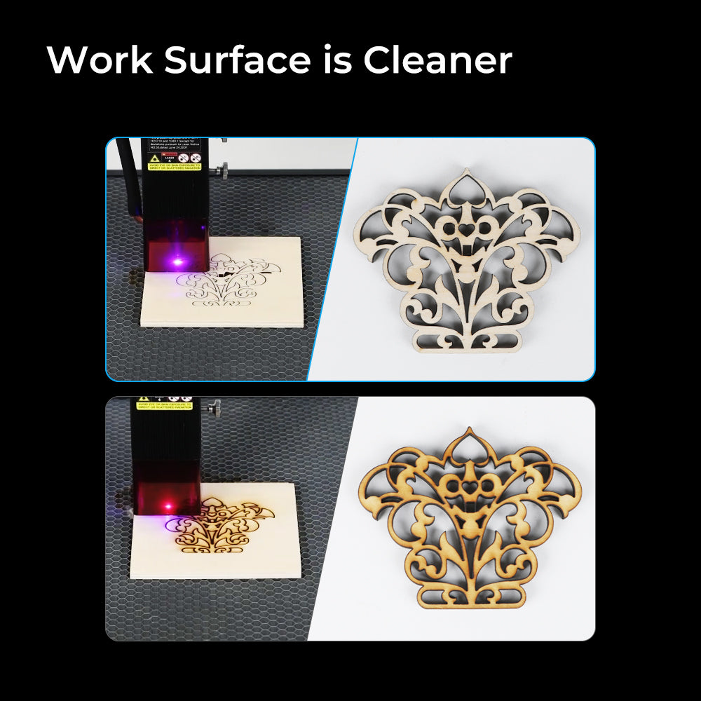 Using the Air Assist for CR-Laser Falcon 7.5W and 10W Engraver by Creality Falcon, a floral design is intricately etched onto a square piece of wood. The top image captures the laser in action, while the bottom image reveals the completed delicate design. The accompanying text highlights that with this product, "Work Surface is Cleaner.