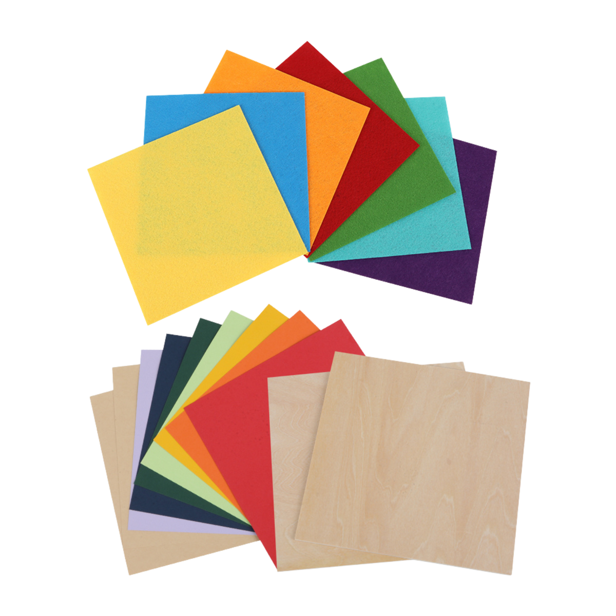 The Creality Falcon Laser Material Package displays two sets of square sheets: vividly colored felt on top, and colored paper, Kraft Paper, and two light basswood veneer sheets below—all arranged in overlapping fan shapes.