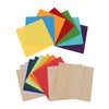 The Creality Falcon Laser Material Package features square cards of colored felt paper (blue, red, yellow, green, orange, purple) and plain basswood-textured cards, arranged in overlapping fans on a white background. Intelligent recognition included.