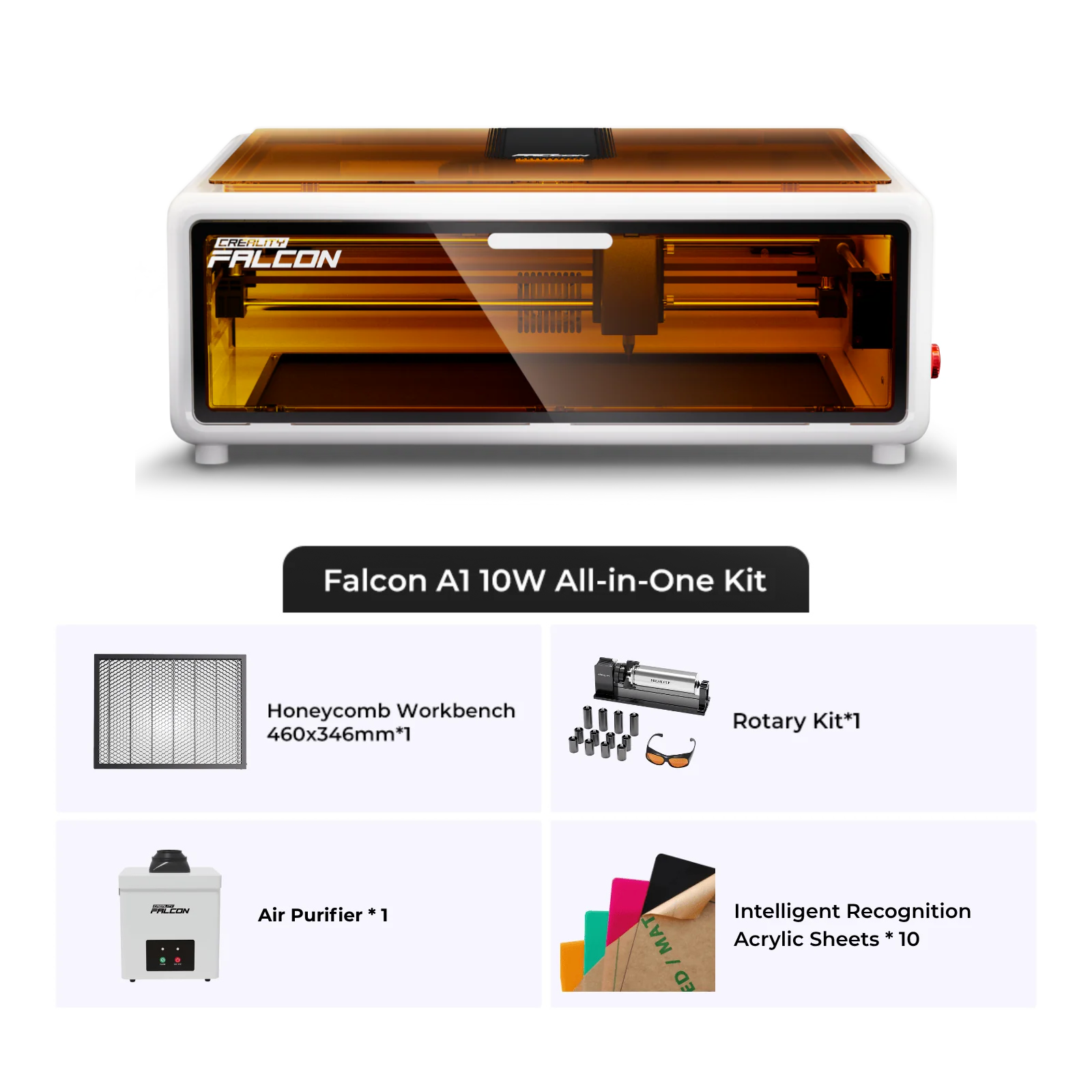 Image of the Creality Falcon A1 Enclosed Laser Engraver and Cutter, featuring Auto Materials Recognition, a 460x346mm honeycomb workbench, rotary kit, air purifier, and 10 intelligent recognition acrylic sheets.