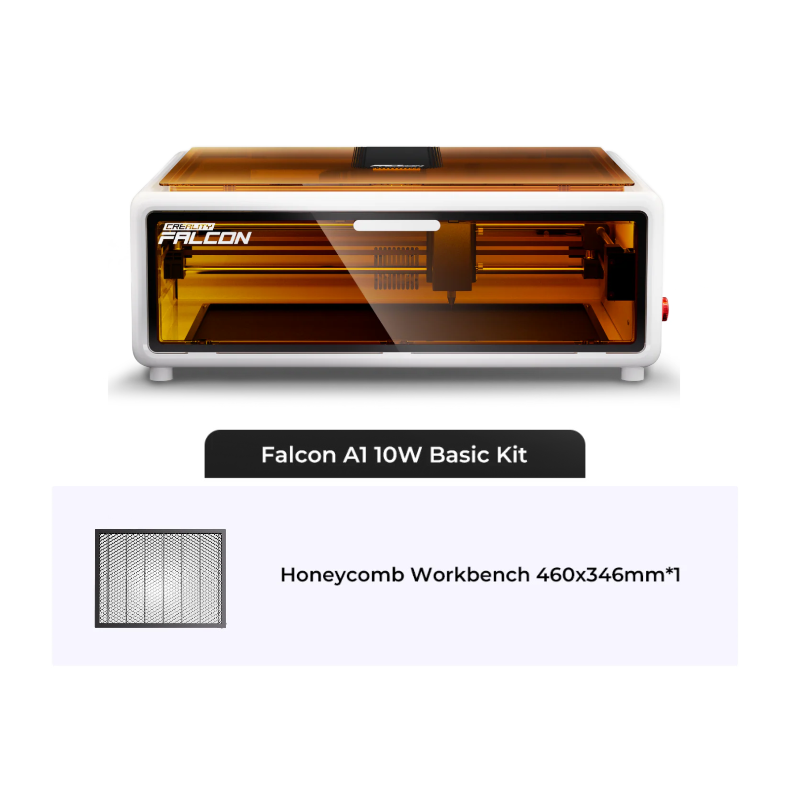 Image of the Creality Falcon Falcon A1 10W Diode Laser Engraver and Cutter for Sale + Free Test Kit, featuring CoreXY motion control, a transparent orange lid, and the included 460x346mm Honeycomb Workbench shown below.