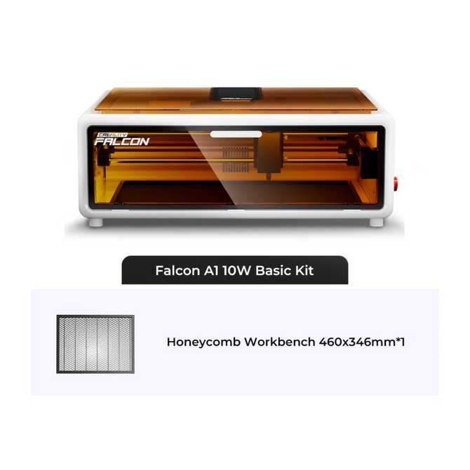 A Creality Falcon Falcon A1 Enclosed Laser Engraver and Cutter with an orange cover sits above a labeled 460x346mm honeycomb workbench. It features Auto Materials Recognition for smart, efficient engraving.