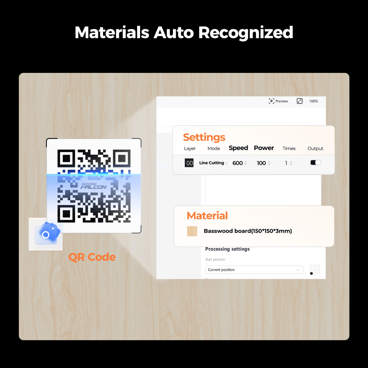 Falcon A1 uyumlu QR kodlu malzemeyi tanıyarak işlem ayarlarını yazılımda gösterir