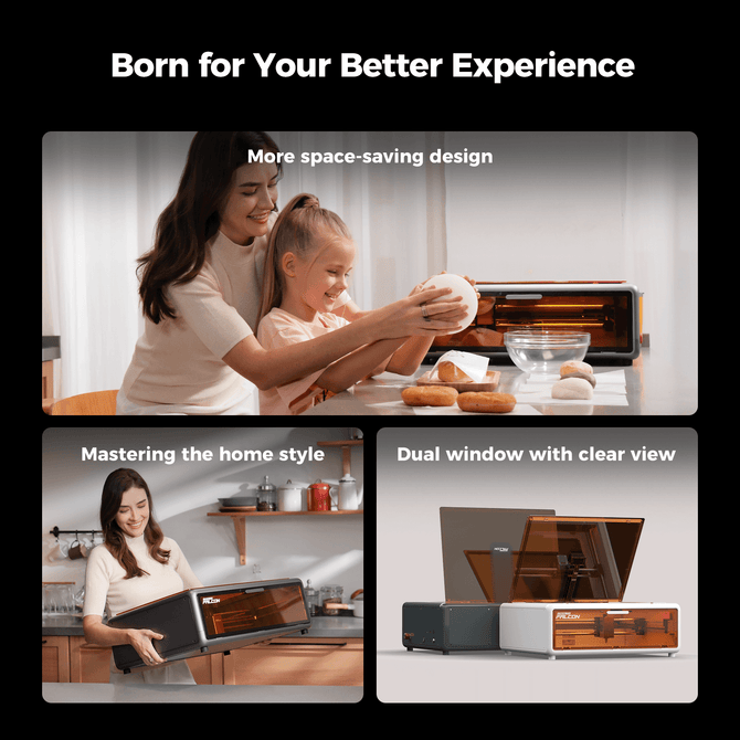 A smiling woman and girl use the Creality Falcon A1 10W Enclosed Diode Laser Engraver by Creality Falcon. Separate images show her holding the engraver and a closeup of its dual window, highlighting its compact, modern design for any workspace.