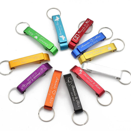 A radial display of Creality Falcon's Bottle Opener Keychains offers a vibrant assortment of colors, including orange, yellow, green, blue, red, black, and silver. Each keychain is crafted from durable aluminum alloy and features engraved names and dates. This set includes 16 multifunctional pieces. 1600